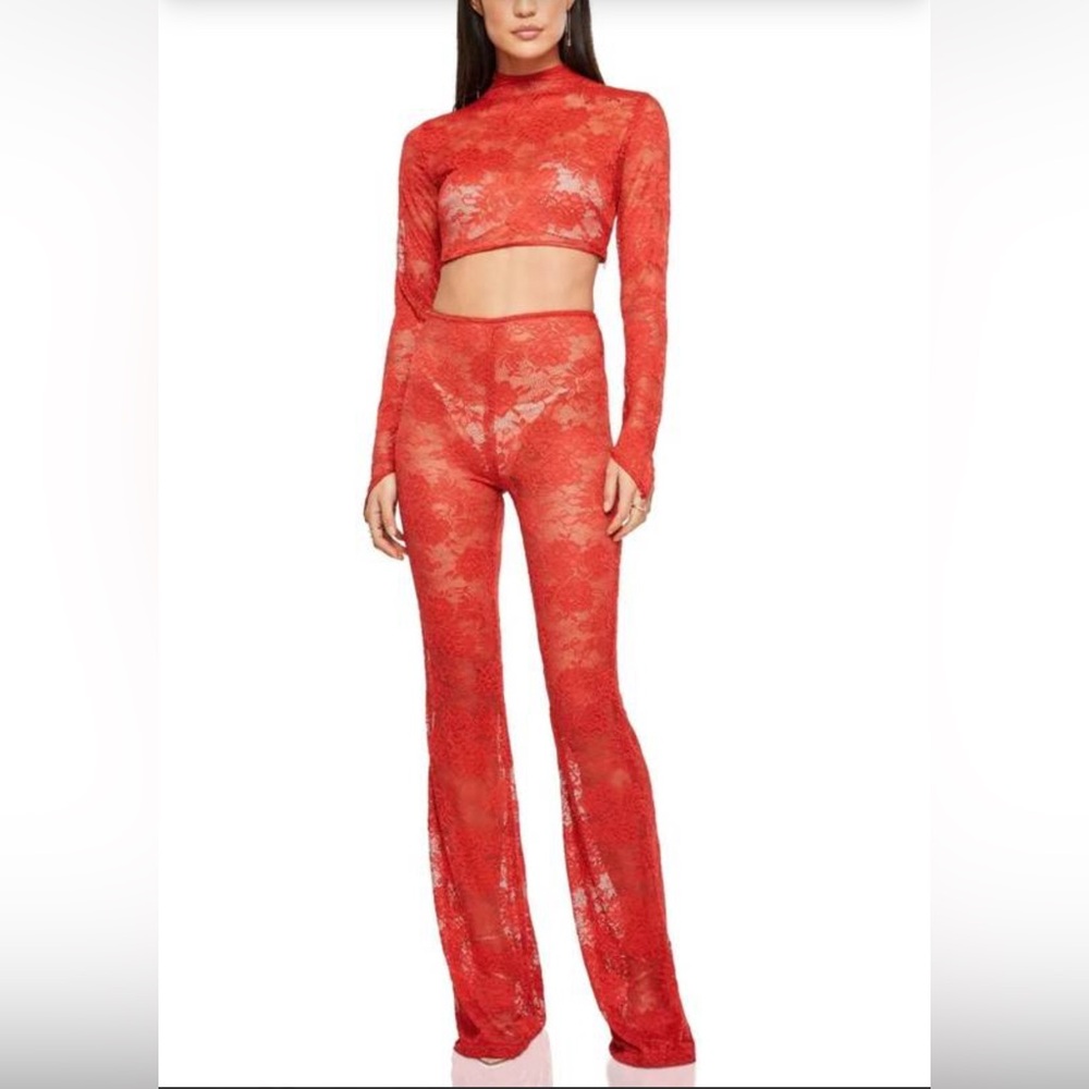 NWT Nookie Heaven Lace Set Crop Top and‎ Pants in Red Sz Small $409
